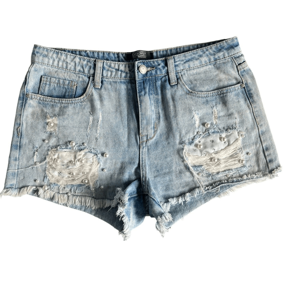 Girls on Film  Denim Jean Shorts Distressed Cut Off Pearls Size 8